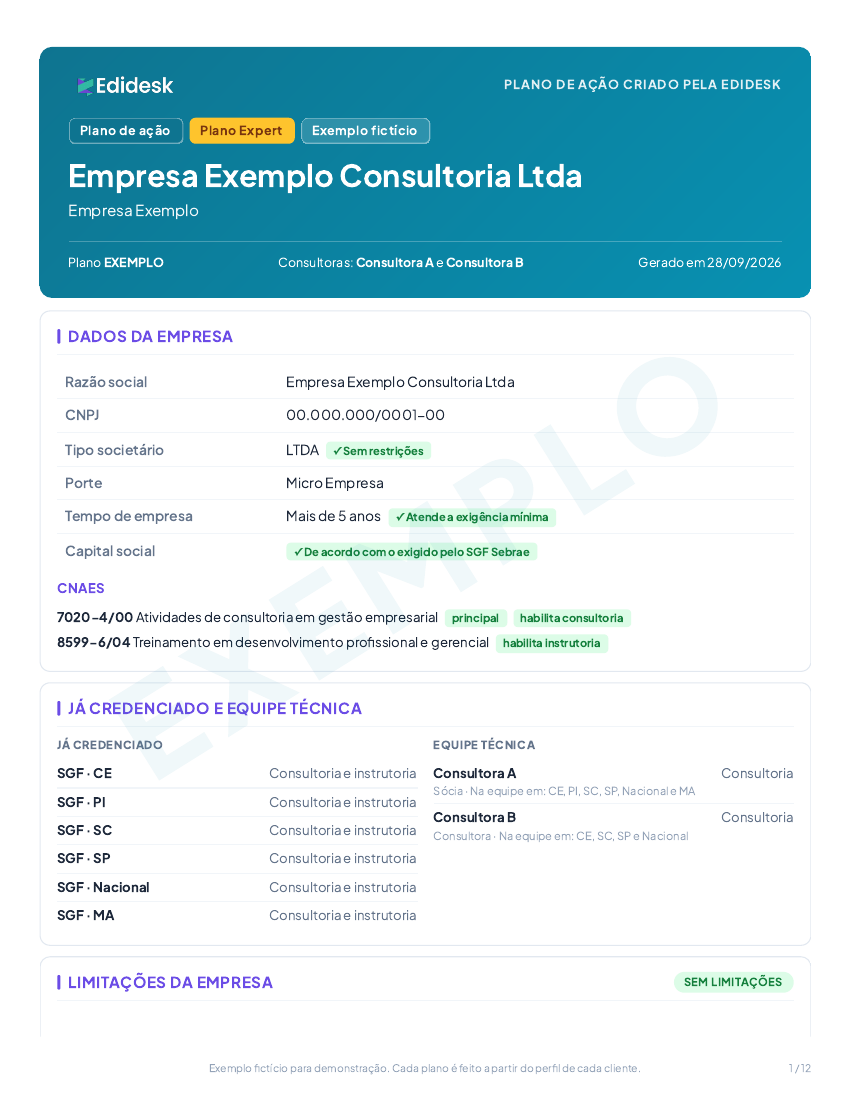 Primeira página do exemplo de plano de ação em PDF